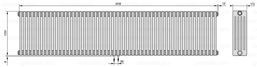 Схема (чертеж) Радиатор Zehnder Charleston 5120/53 №3470 Белый глянцевый RAL 9016